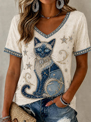 Women's Cowboy Cat Print Casual V-Neck Tee