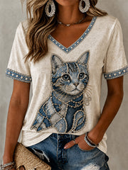 Women's Cowboy Cat Print Casual V-Neck Tee