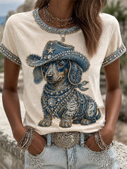 Women's Cowboy Dog Print Casual Tee