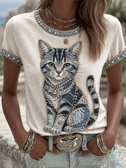 Women's Cowboy Cat Print Casual Tee