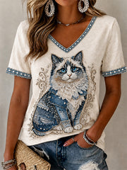 Women's Cowboy Cat Print Casual V-Neck Tee