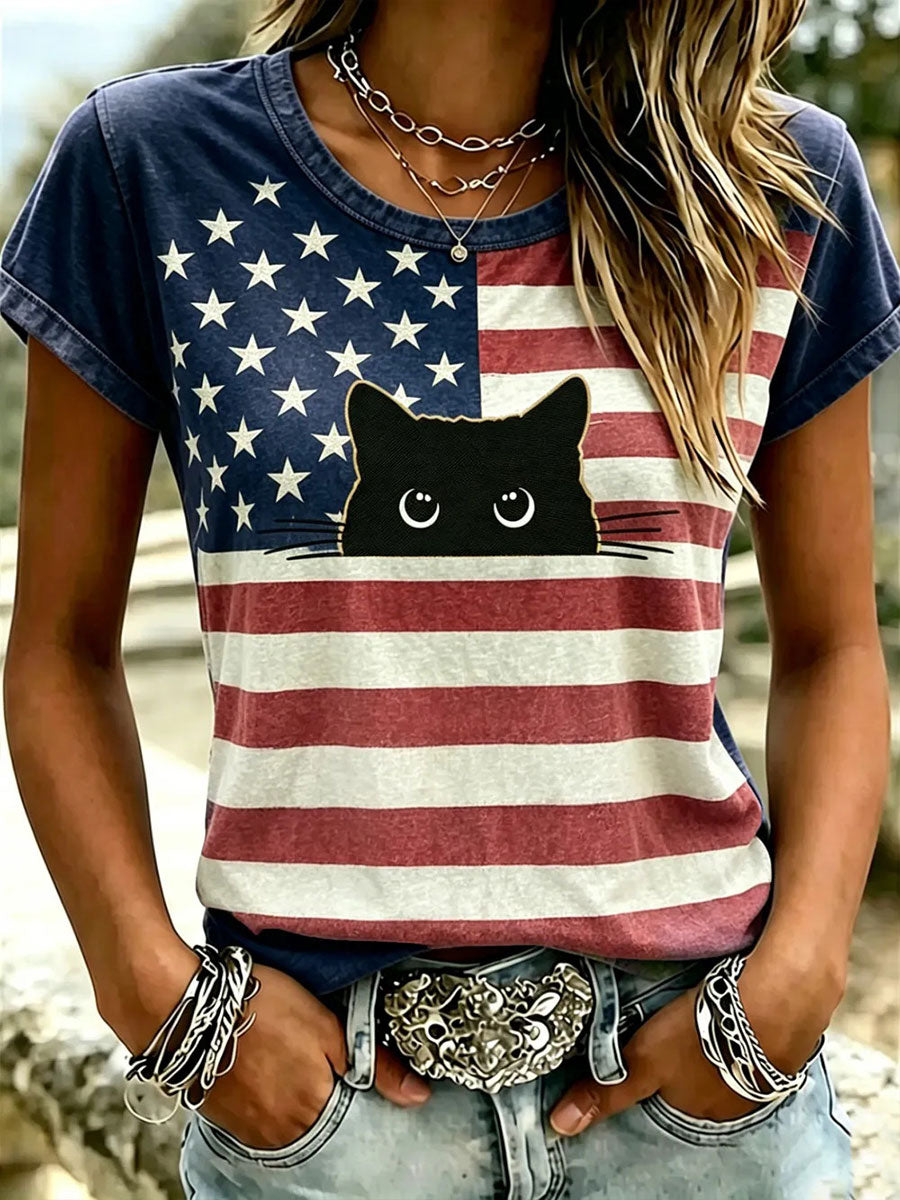 Women's American Flag Cat Print Casual T-Shirt