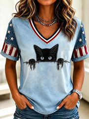 Women's American Flag Cat Print Casual T-Shirt