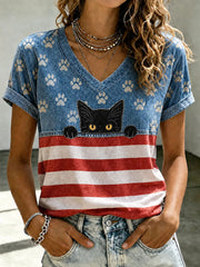Women's American Flag Cat Print Casual T-Shirt