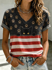 Women's American Flag Cat Print Casual T-Shirt