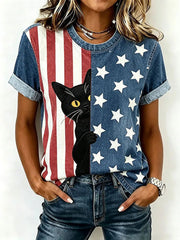Women's American Flag Cat Print Casual T-Shirt