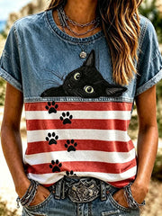 Women's American Flag Cat Print Casual T-Shirt