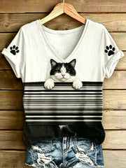 Women's Animal Cat Stripes Printed Vintage Fashion Loose Short Sleeve T-Shirt