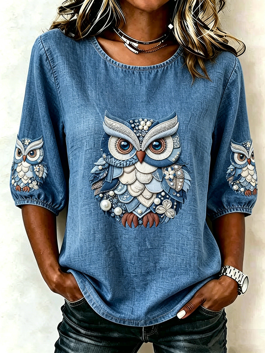 Women's Animal Owl Print Three-Quarter Sleeve T-shirt