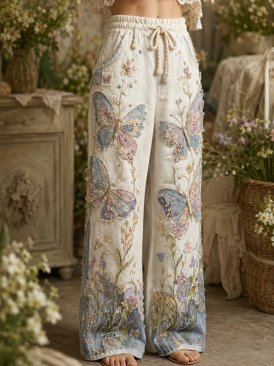 Women's Vintage-Style Patchwork Floral Butterfly Art Print Trousers