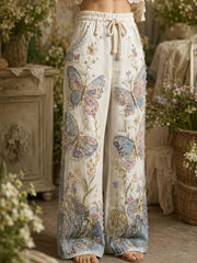 Women's Vintage-Style Patchwork Floral Butterfly Art Print Trousers