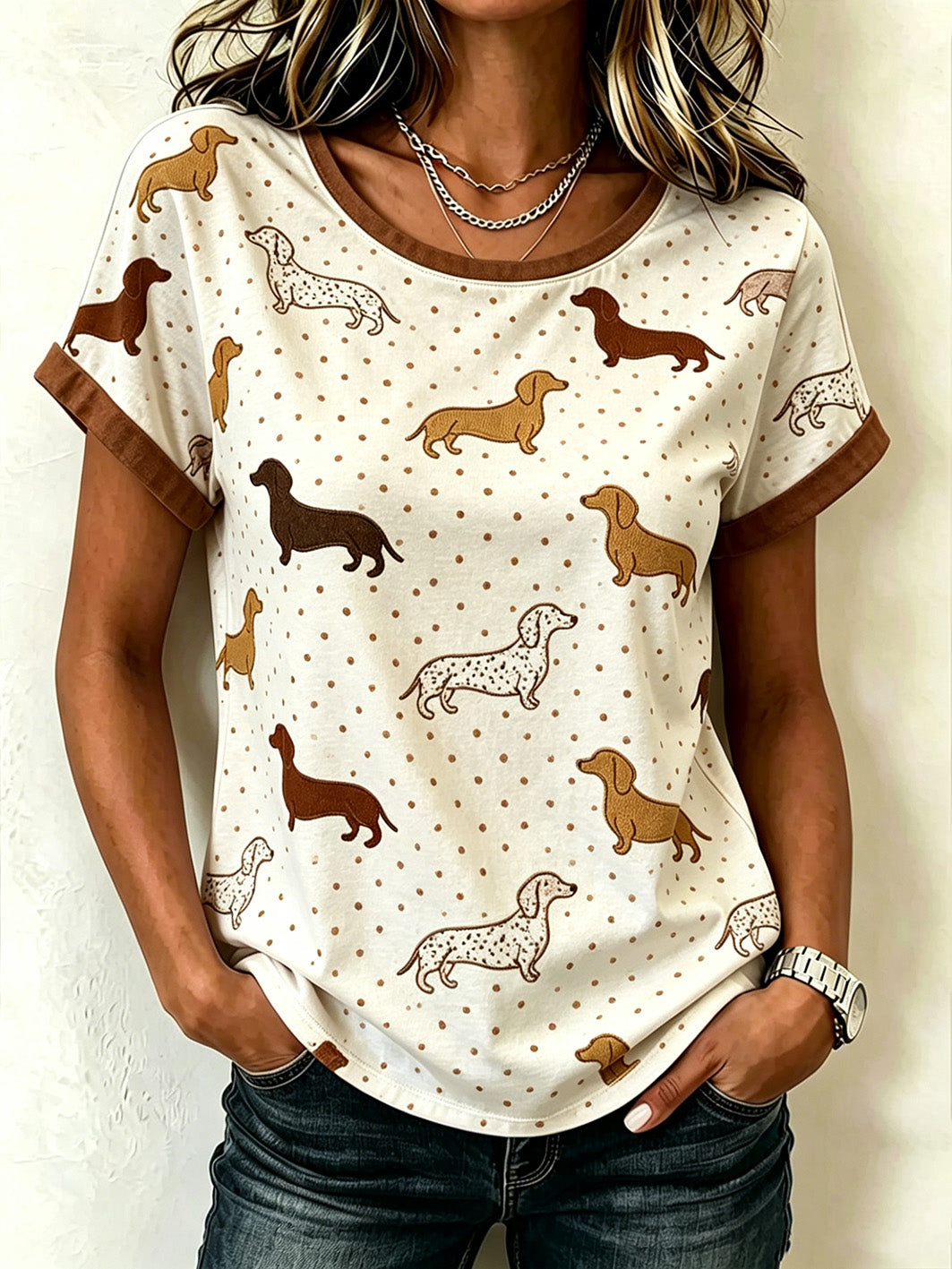 Women's cute dog pattern printed casual washed short-sleeve T-shirt