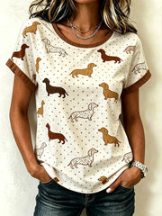 Women's cute dog pattern printed casual washed short-sleeve T-shirt