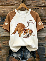 Women's cute dog pattern printed casual washed short-sleeve T-shirt