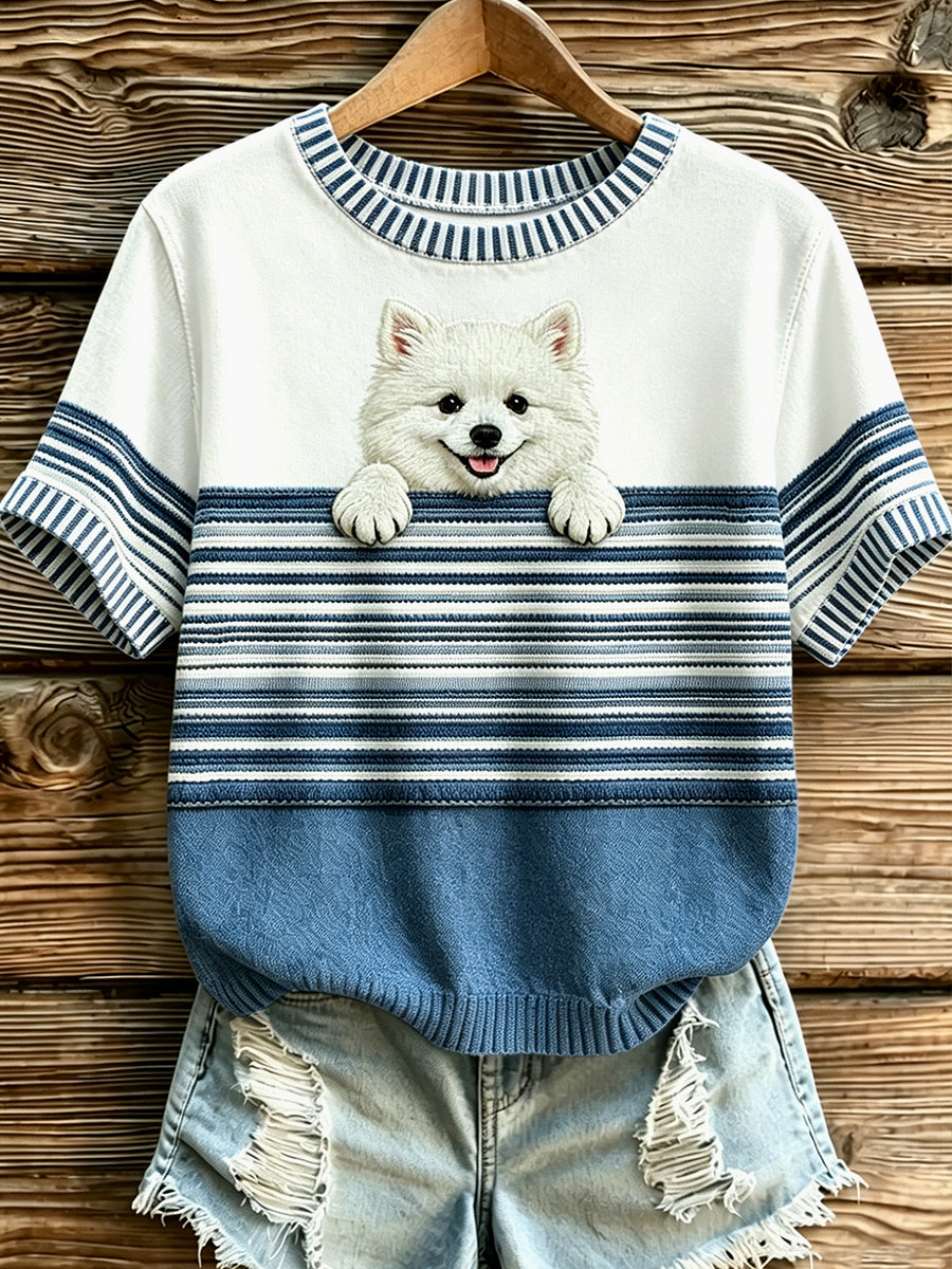 Women's Dog Stripes Printed Vintage Fashion Loose Short Sleeve T-Shirt