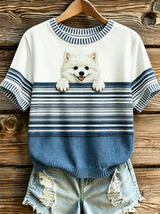 Women's Dog Stripes Printed Vintage Fashion Loose Short Sleeve T-Shirt