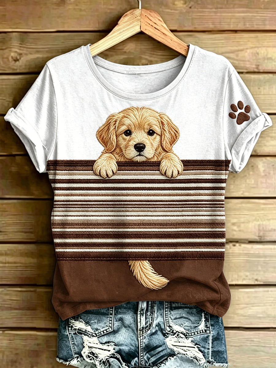 Women's Dog Stripes Printed Vintage Fashion Loose Short Sleeve T-Shirt