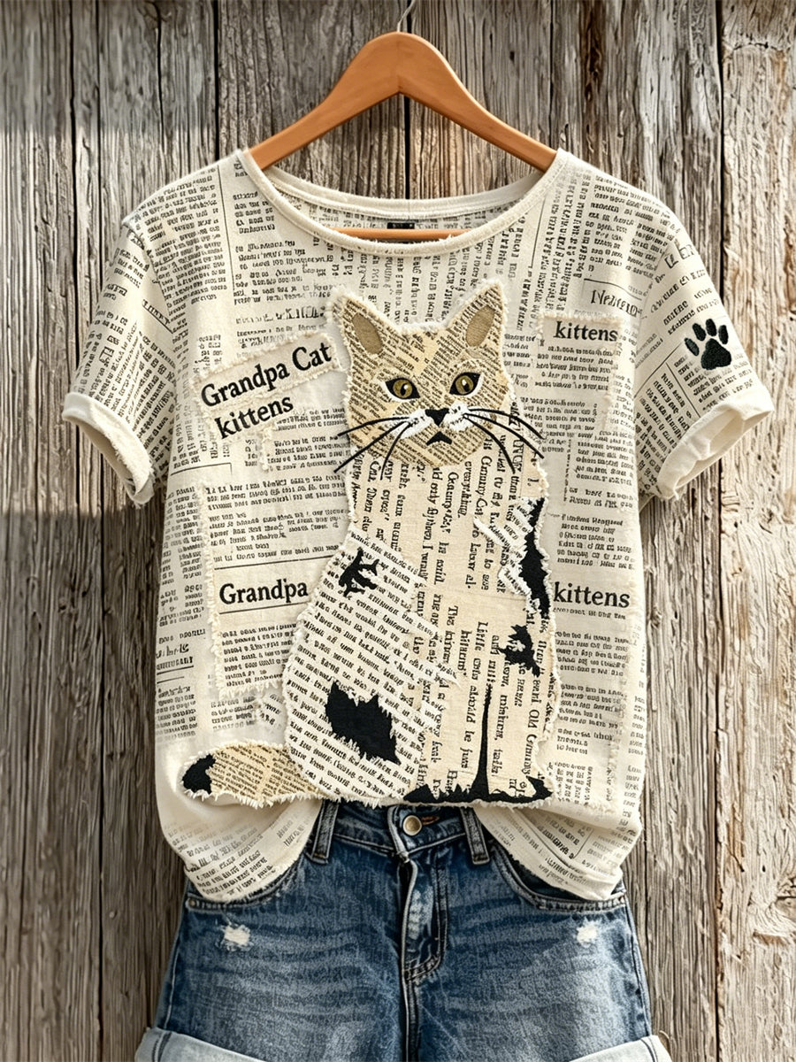 Women's Cat & Paw Print Newspaper Patchwork Art Print short-sleeved T-shirt