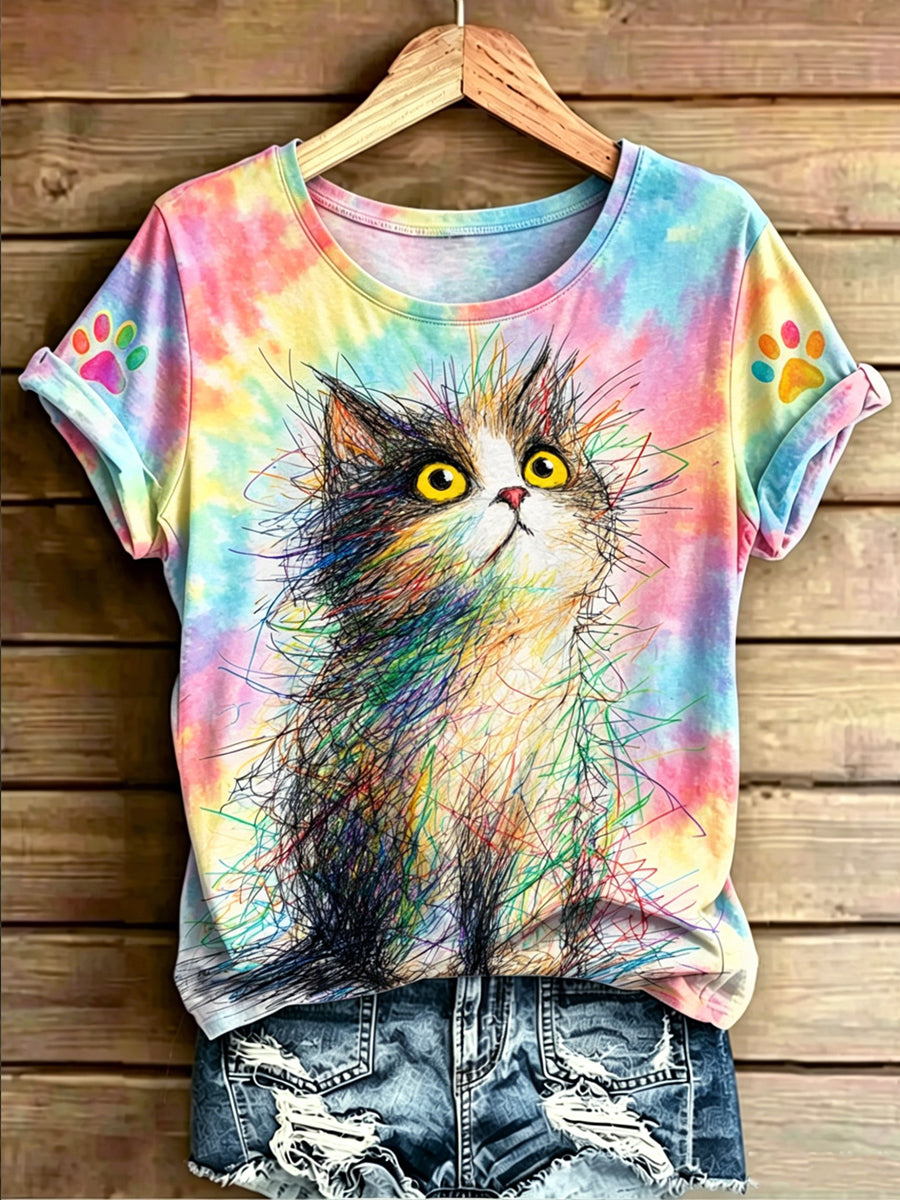 Women's Animal Cat Art Printed Vintage Fashion Loose Short Sleeve T-Shirt