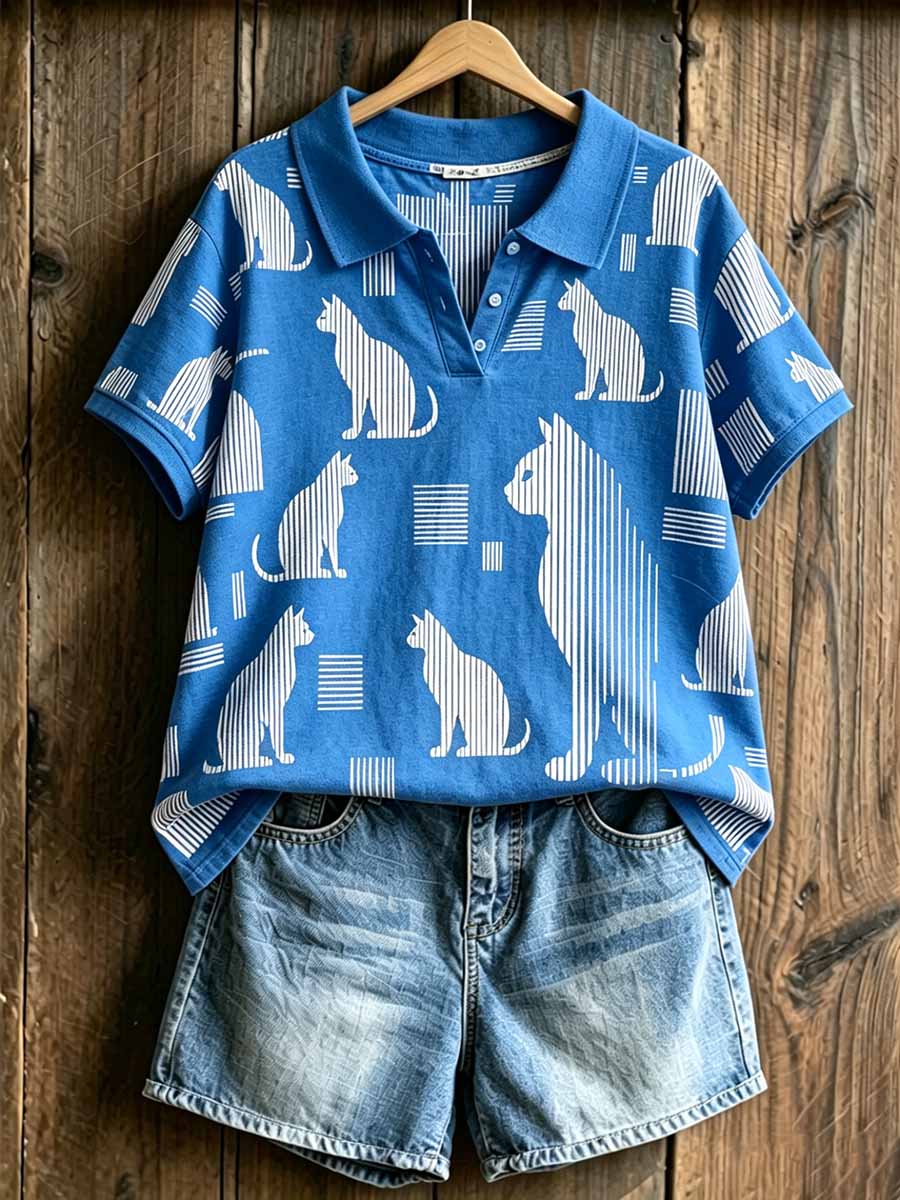 Women's Fashion Cat Print Polo Shirt