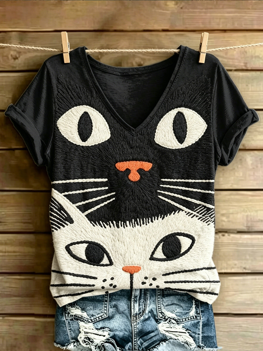 Women's Animal Cat Art Printed Vintage Fashion Loose Short Sleeve T-Shirt