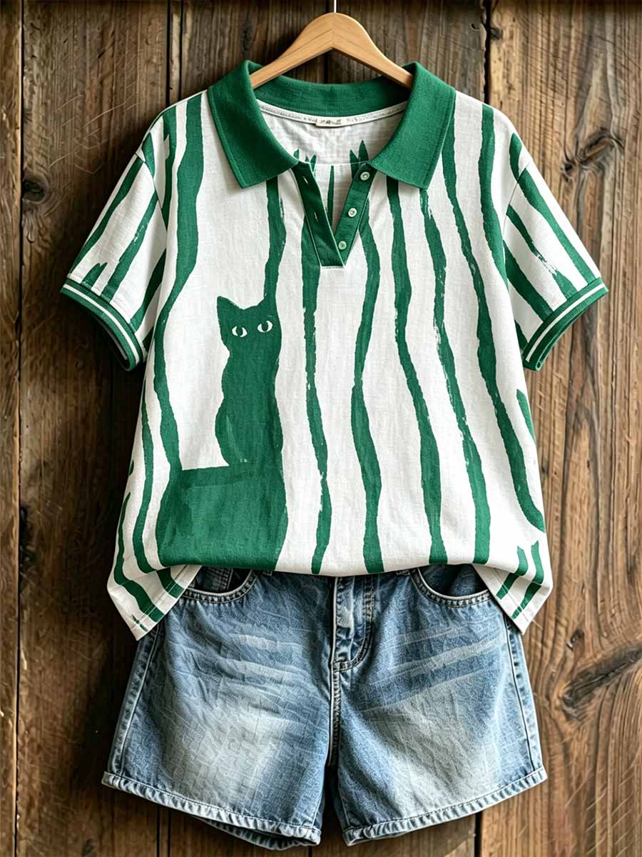 Women's Fashion Cat Print Polo Shirt