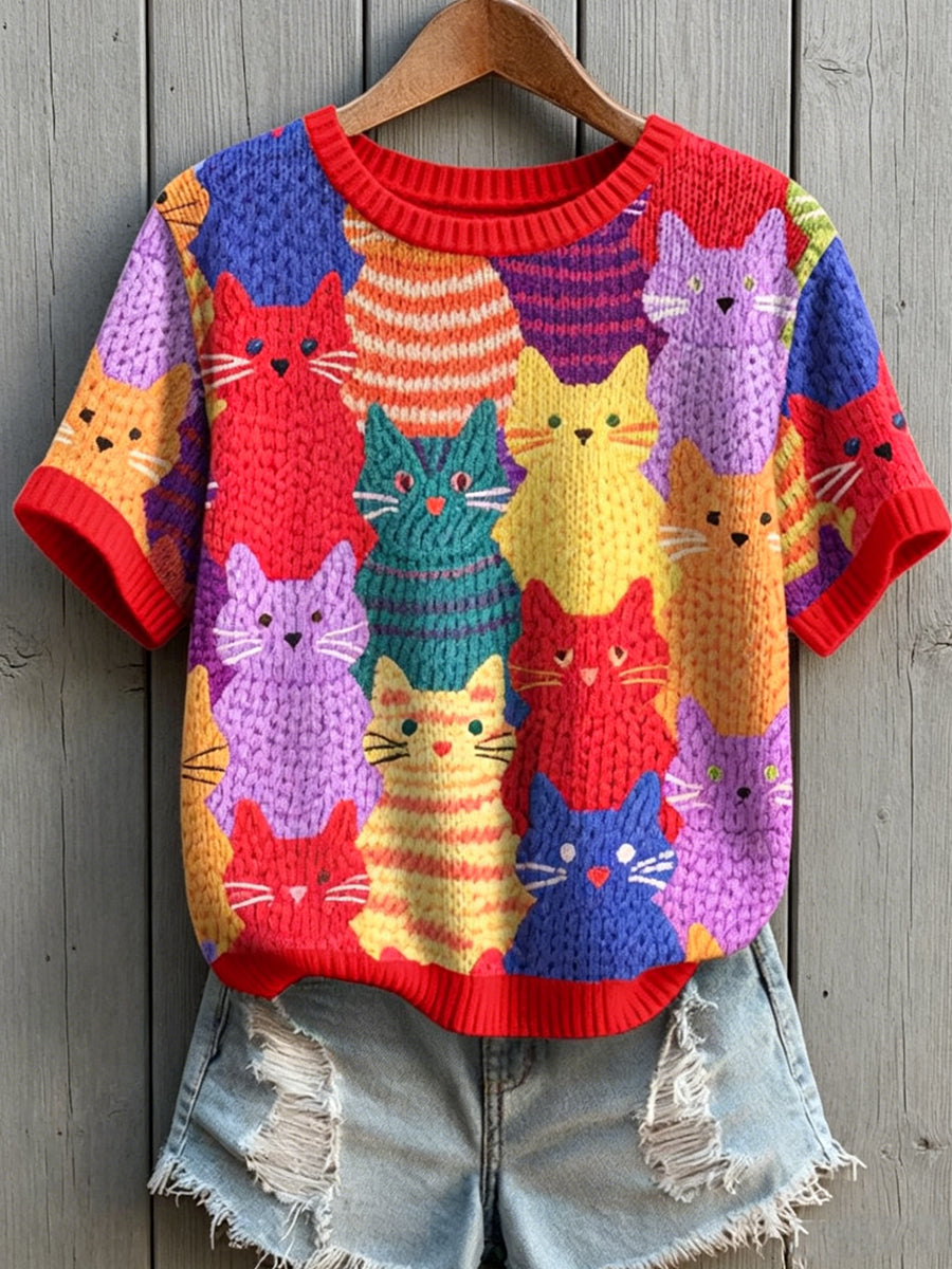 Women's Group Cat Art Printed Vintage Fashion Loose Short Sleeve T-Shirt