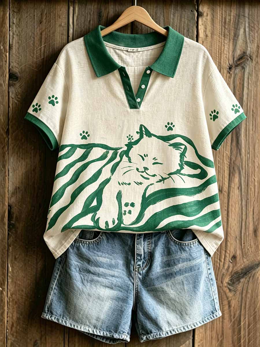 Women's Fashion Cat Art Print Polo Shirt
