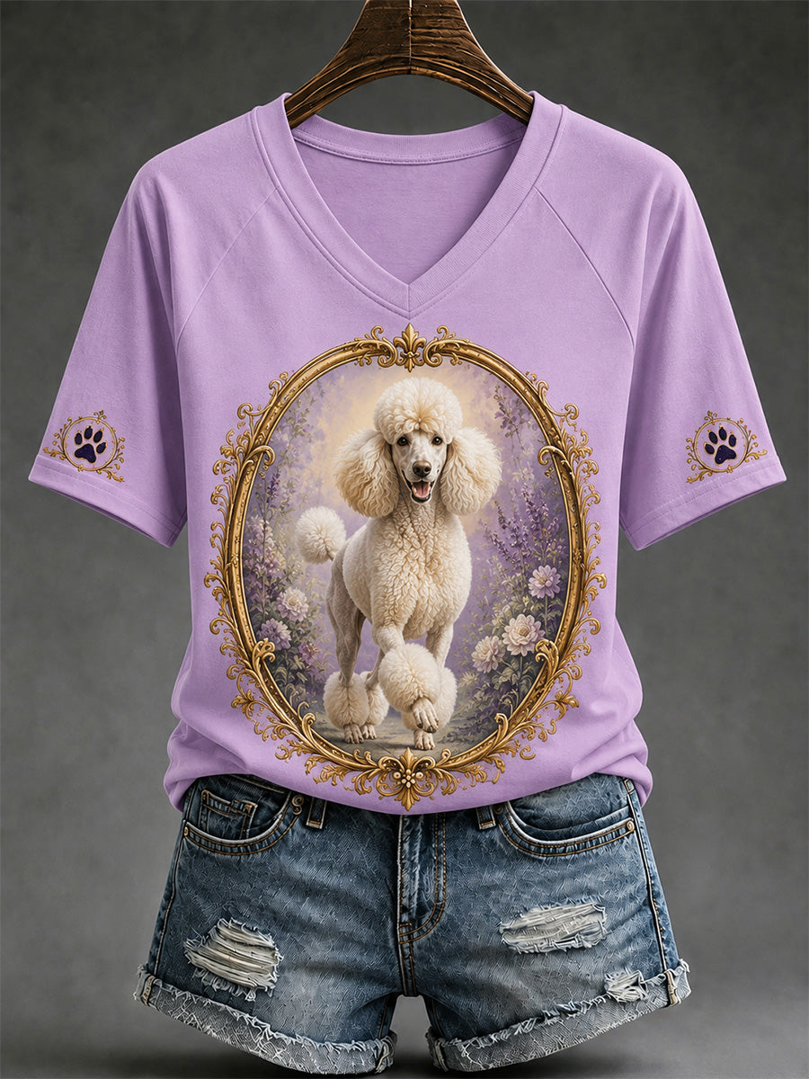 Women's Retro Dog Print Casual V-Neck Tee