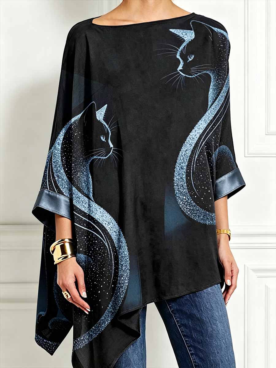 Women's Modern Graffiti Style Cat Print Irregular Hem Long Sleeve Top