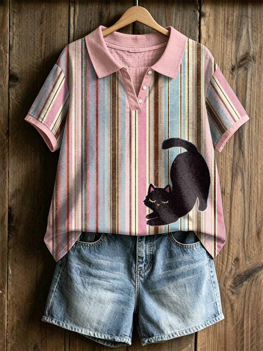 Women's Modern Graffiti Style Cat Print Polo Shirt