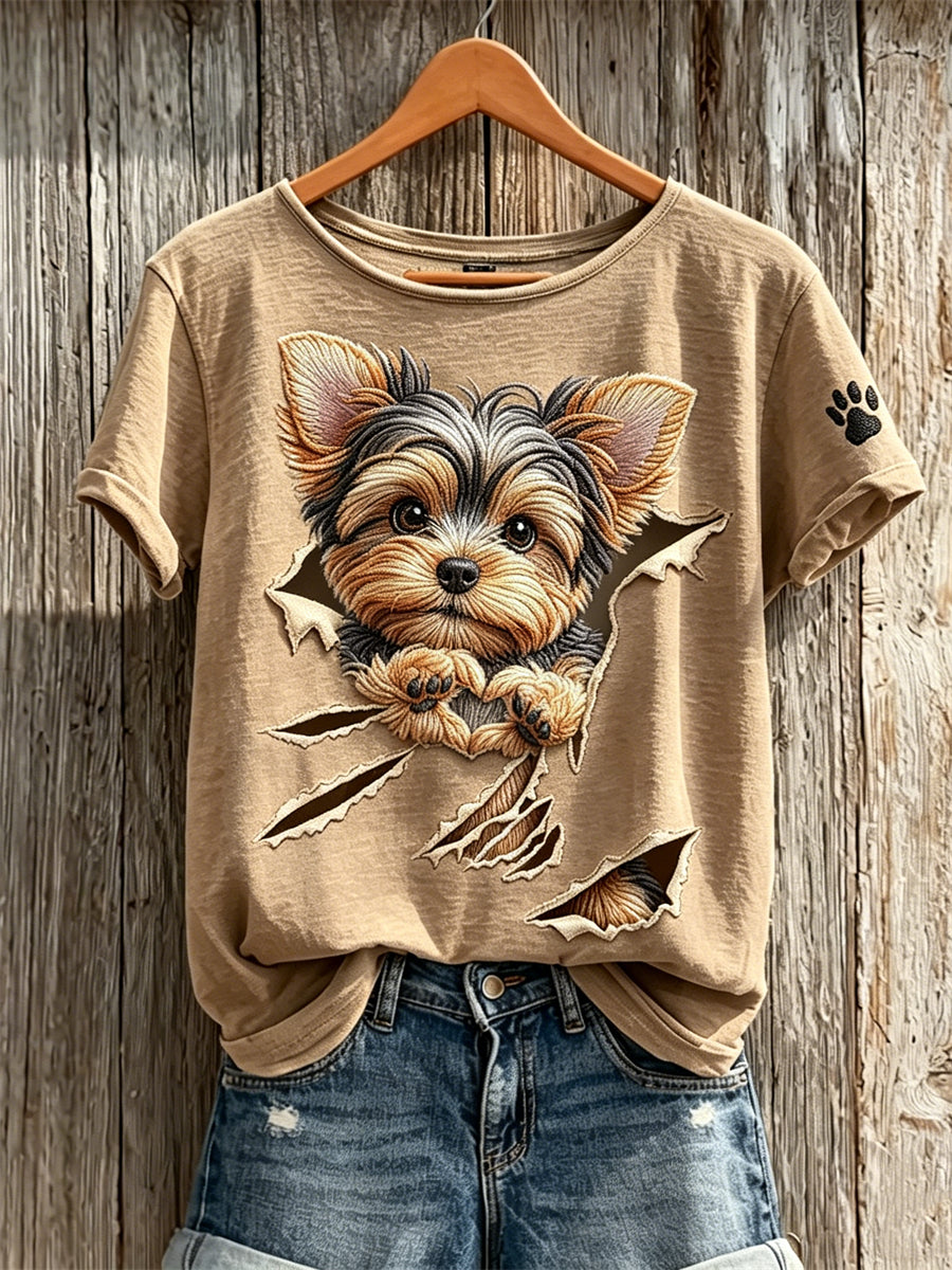 Women's Peeking Yorkshire Terrier Dog from Torn Crack Print short-sleeved T-shirt
