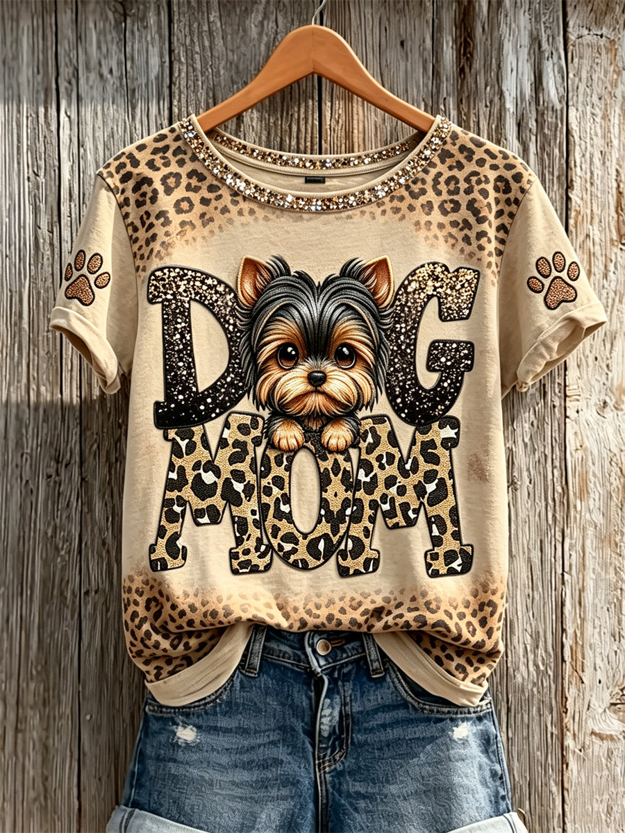 Women's Peeking Yorkshire Terrier Dog Mom Paw Prints Leopard Print short-sleeved T-shirt