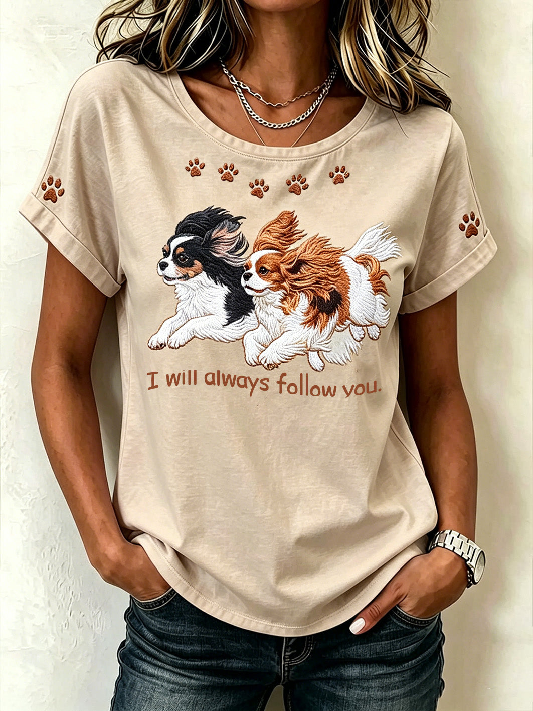 Women's cute dog pattern printed casual short-sleeve T-shirt
