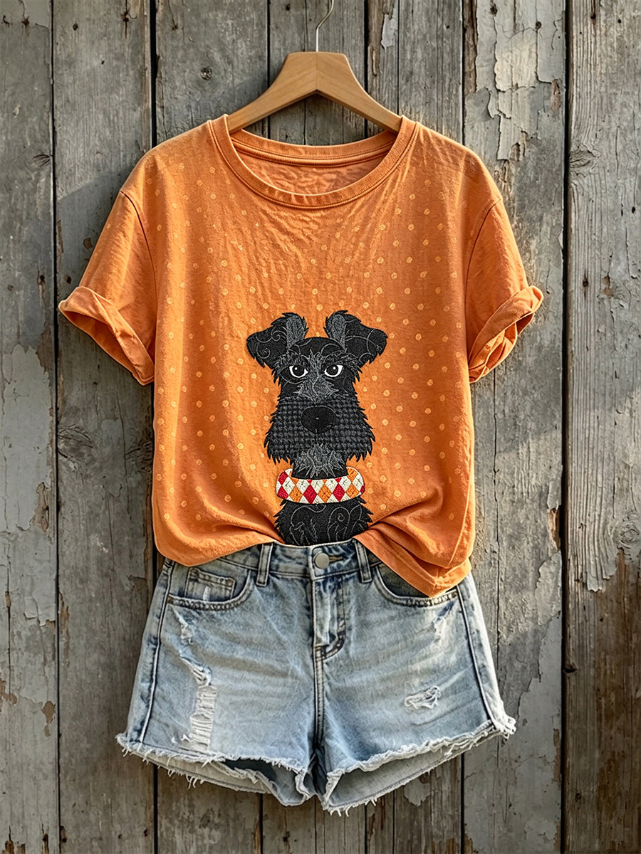 Women's Cute Schnauzer Polka Dots Print Short-sleeved T-shirt