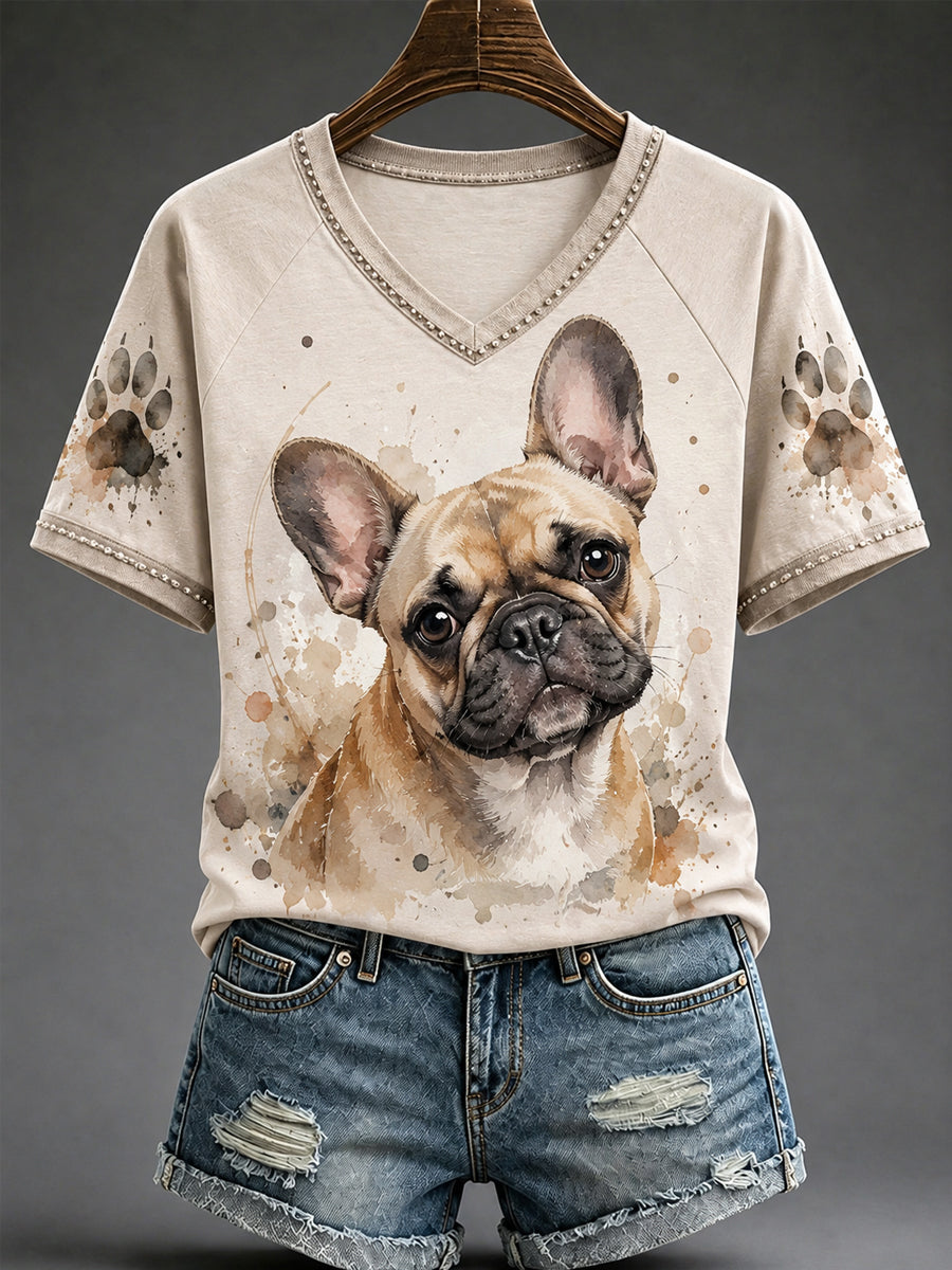 Women's Cute Watercolor Dog Print Gift For Pet Lovers Casual V-Neck Tee