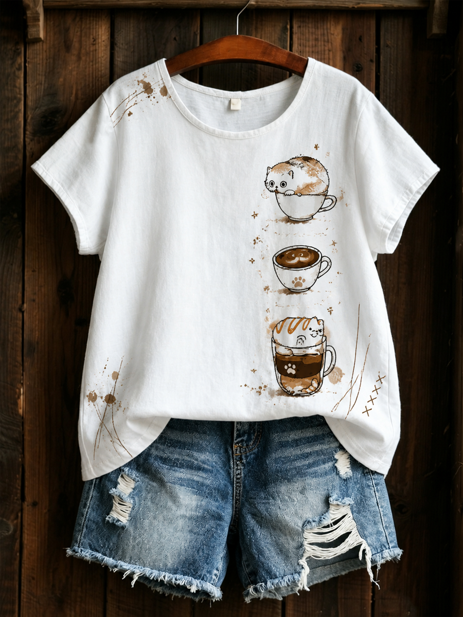 Women's Cat Printed linen short-sleeved T-shirt