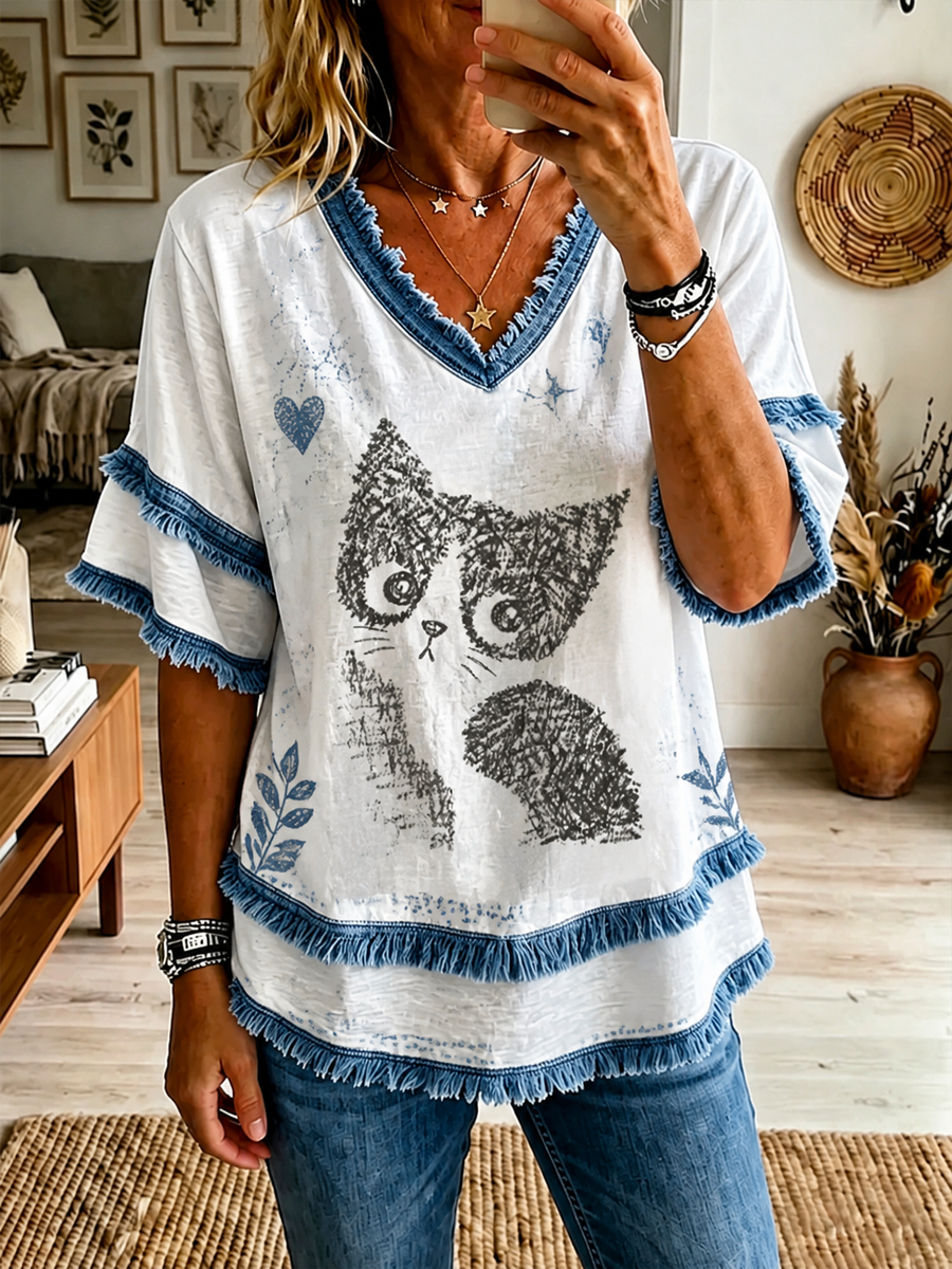 Women's Cat Printed Cotton-Linen Shirt
