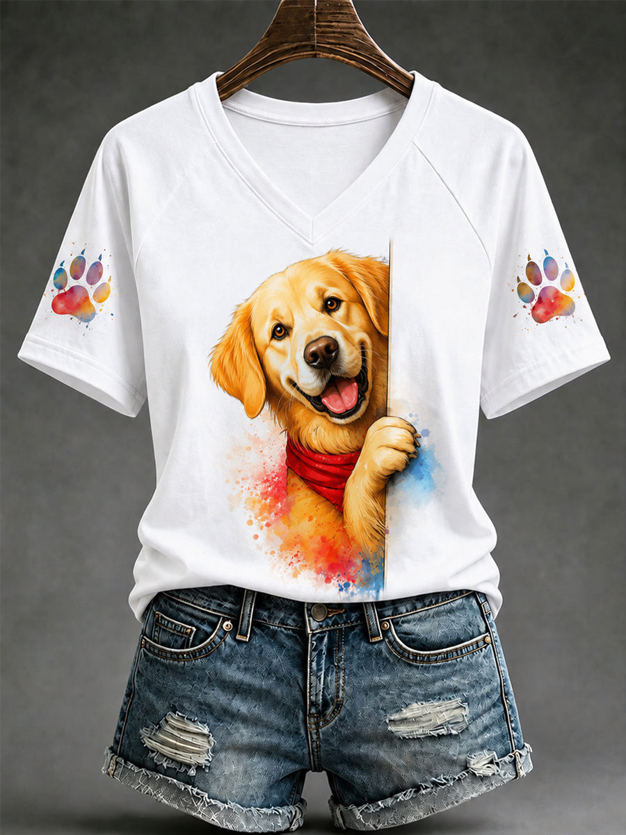 Women's Cute Dog Print Gift For Pet Lovers Casual V-Neck Tee