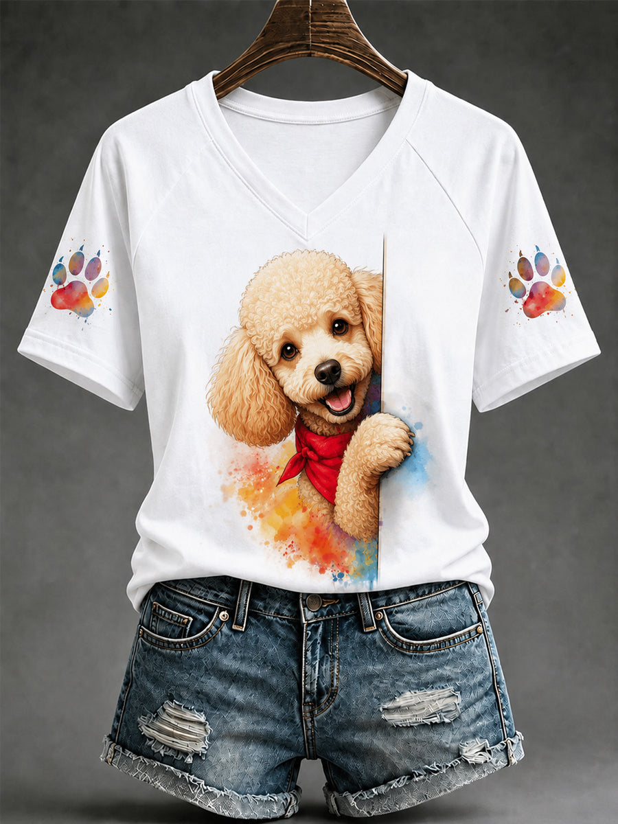 Women's Cute Dog Print Gift For Pet Lovers Casual V-Neck Tee