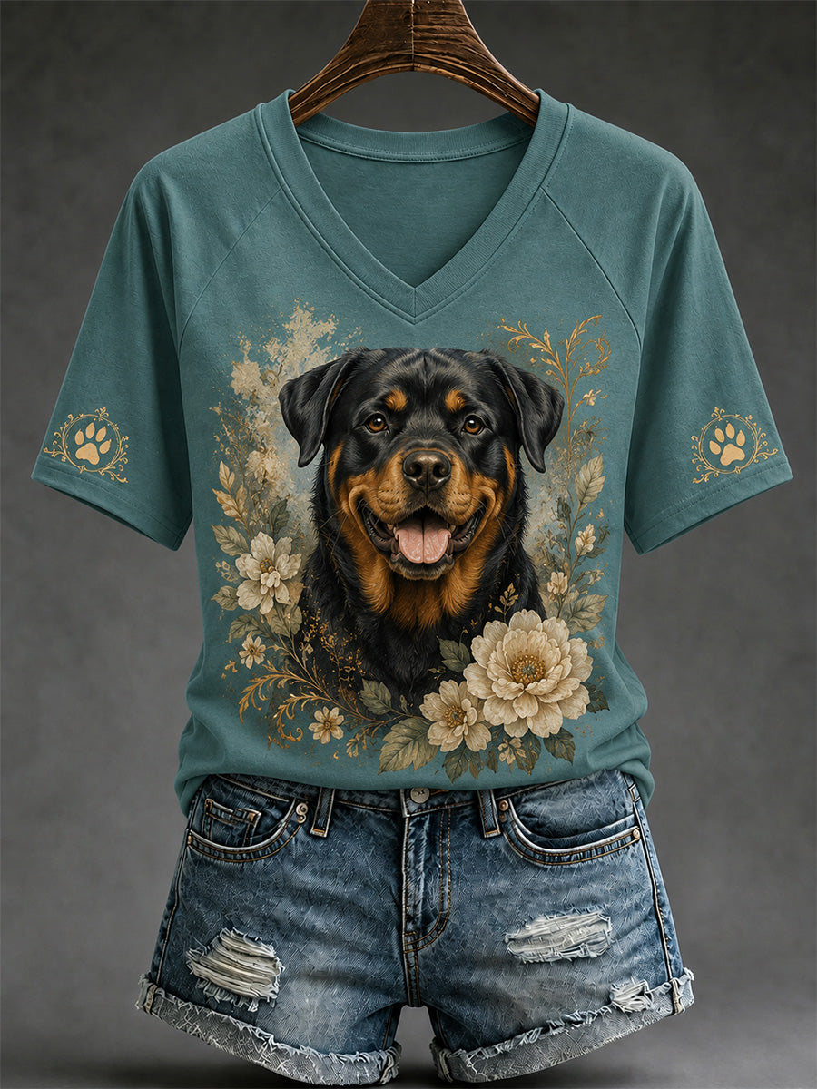 Women's Retro Dog Print Casual V-Neck Tee