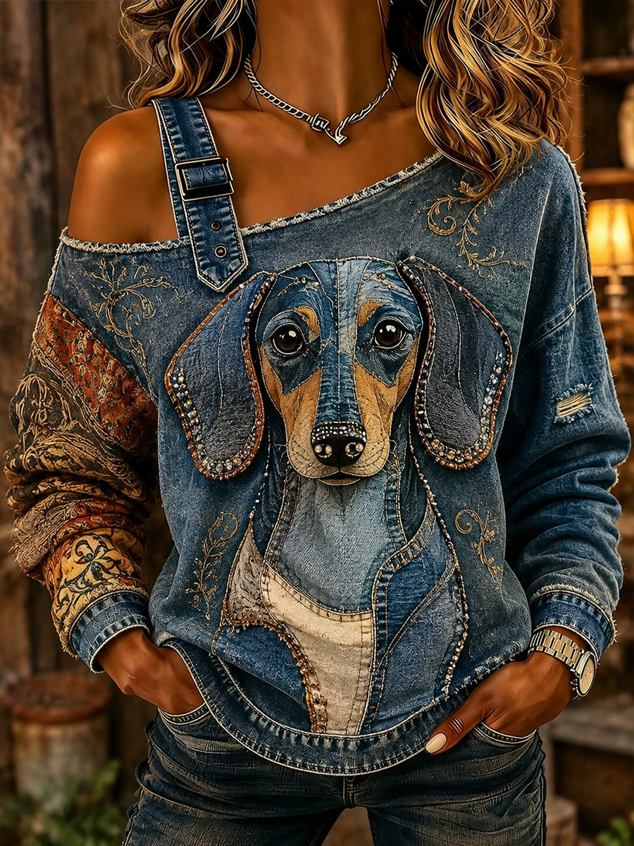 Women'sFun Retro Dachshund Patchwork Print Casual Off-Shoulder Sweatshirt
