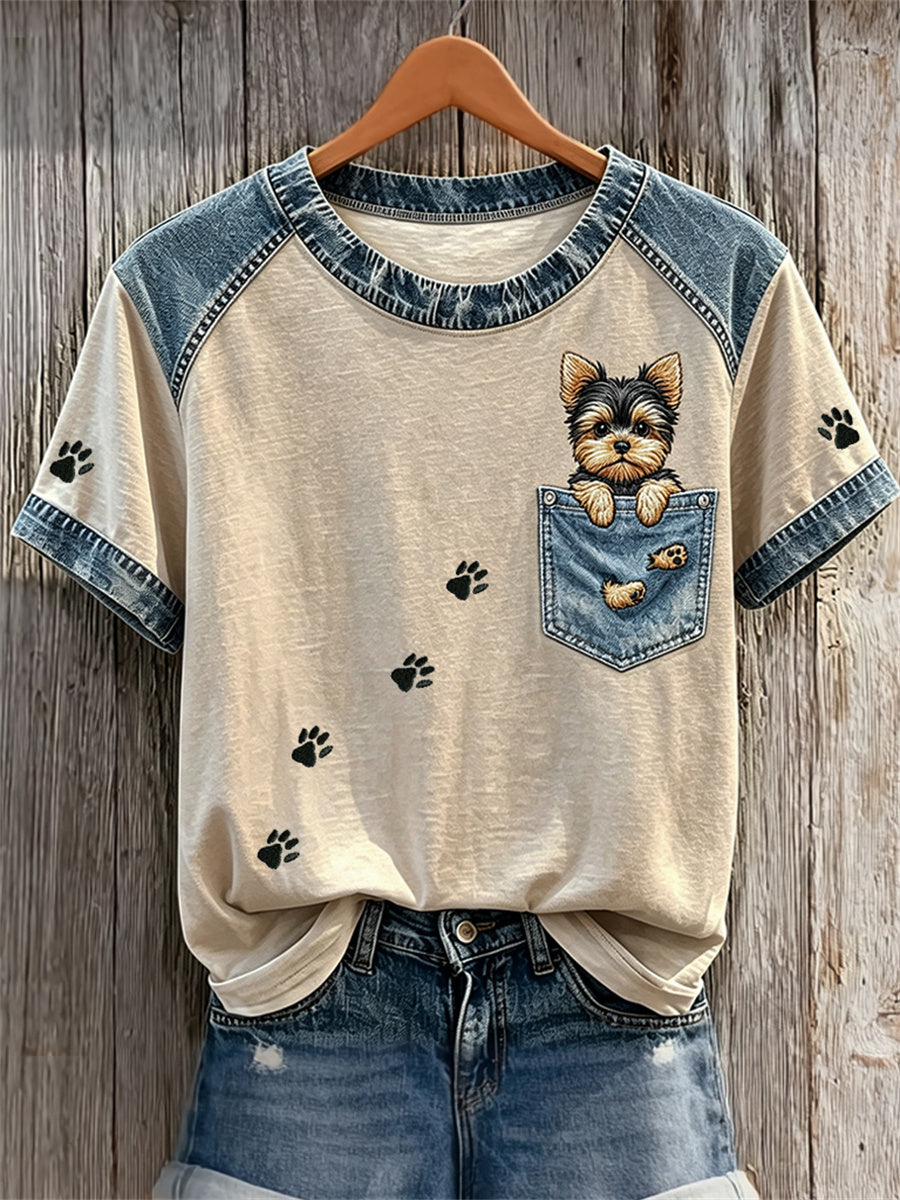 Women's Yorkshire Terrier Dog Fake Pocket & Paw Prints Denim Patchwork Print T-shirts
