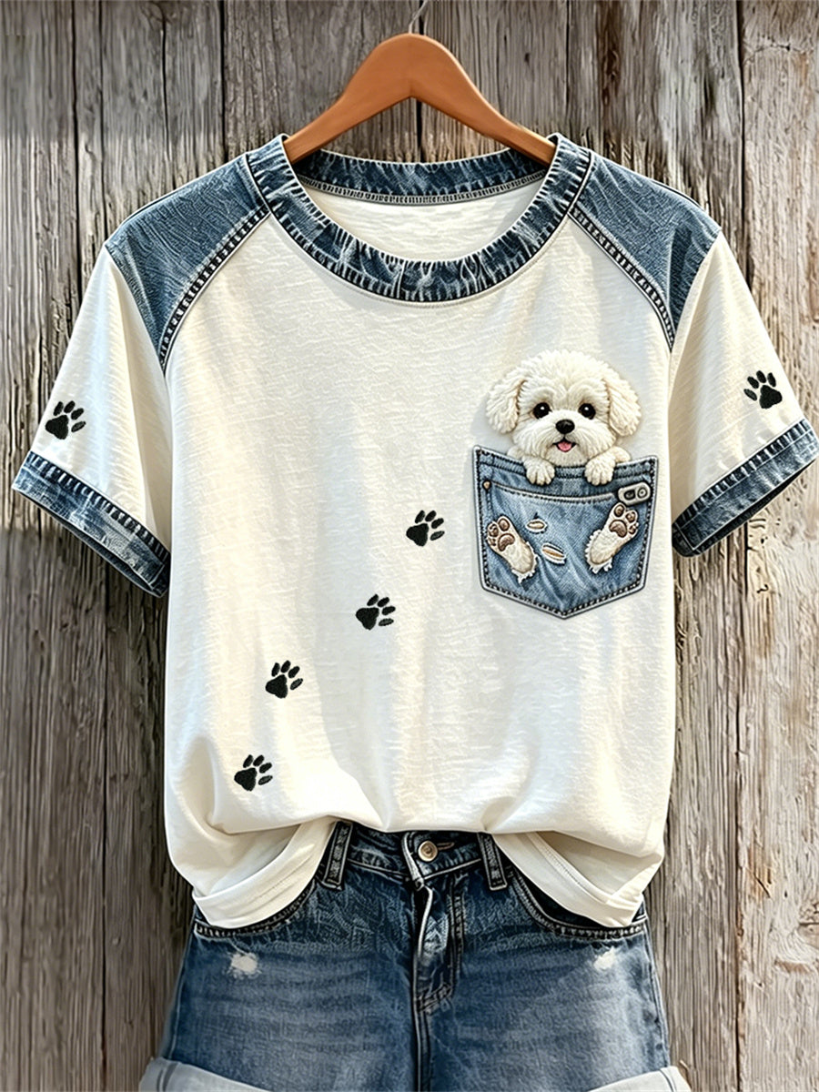 Women's Fuzzy Bichon Dog Fake Pocket & Paw Prints Denim Patchwork Print T-shirts
