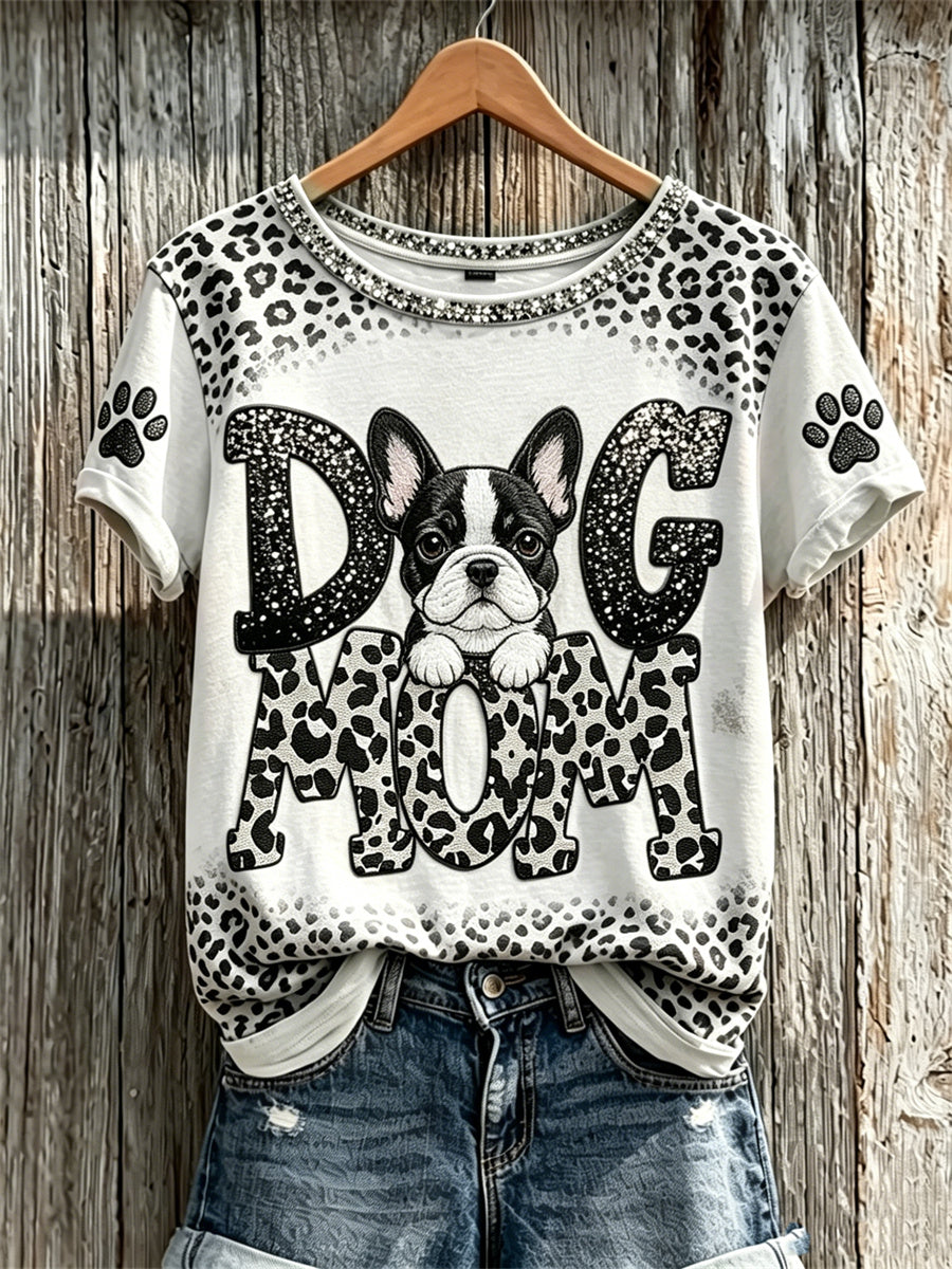 Women's Peeking Bulldog Dog Mom & Paw Prints Leopard Print short-sleeved T-shirt