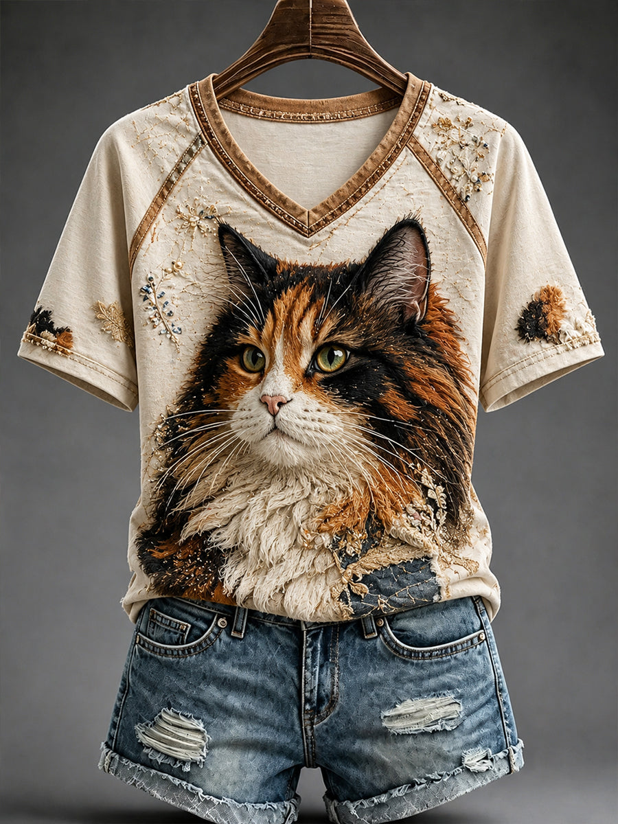Women's Fun Retro Cats V-Neck Off-Shoulder Short-Sleeved T-Shirt