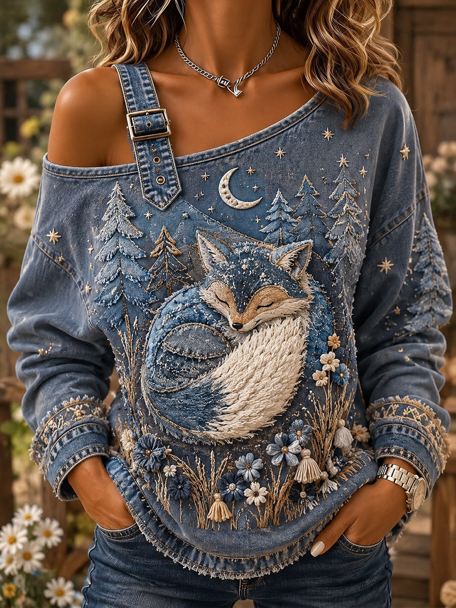 Women's Playful Retro Forest Fox Patchwork Print Casual Off-Shoulder Sweatshirt