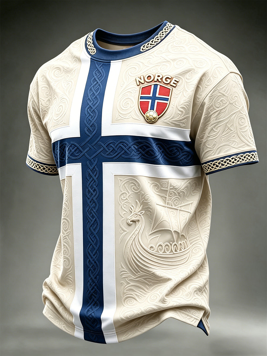 Men's Viking Ship Norway Football & Flag Colorblock Print short sleeves t-shirt
