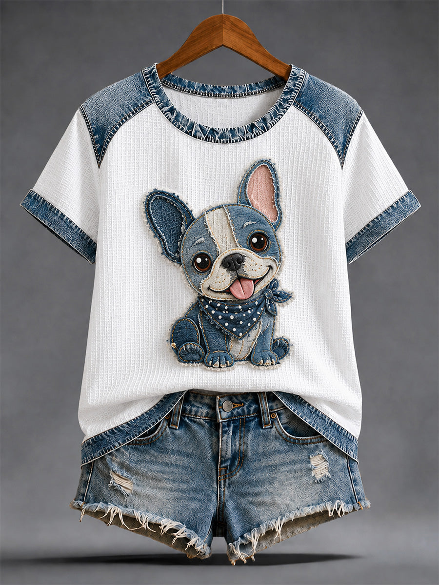 Women's Denim Patchwork Dog Print Waffle Casual Tee