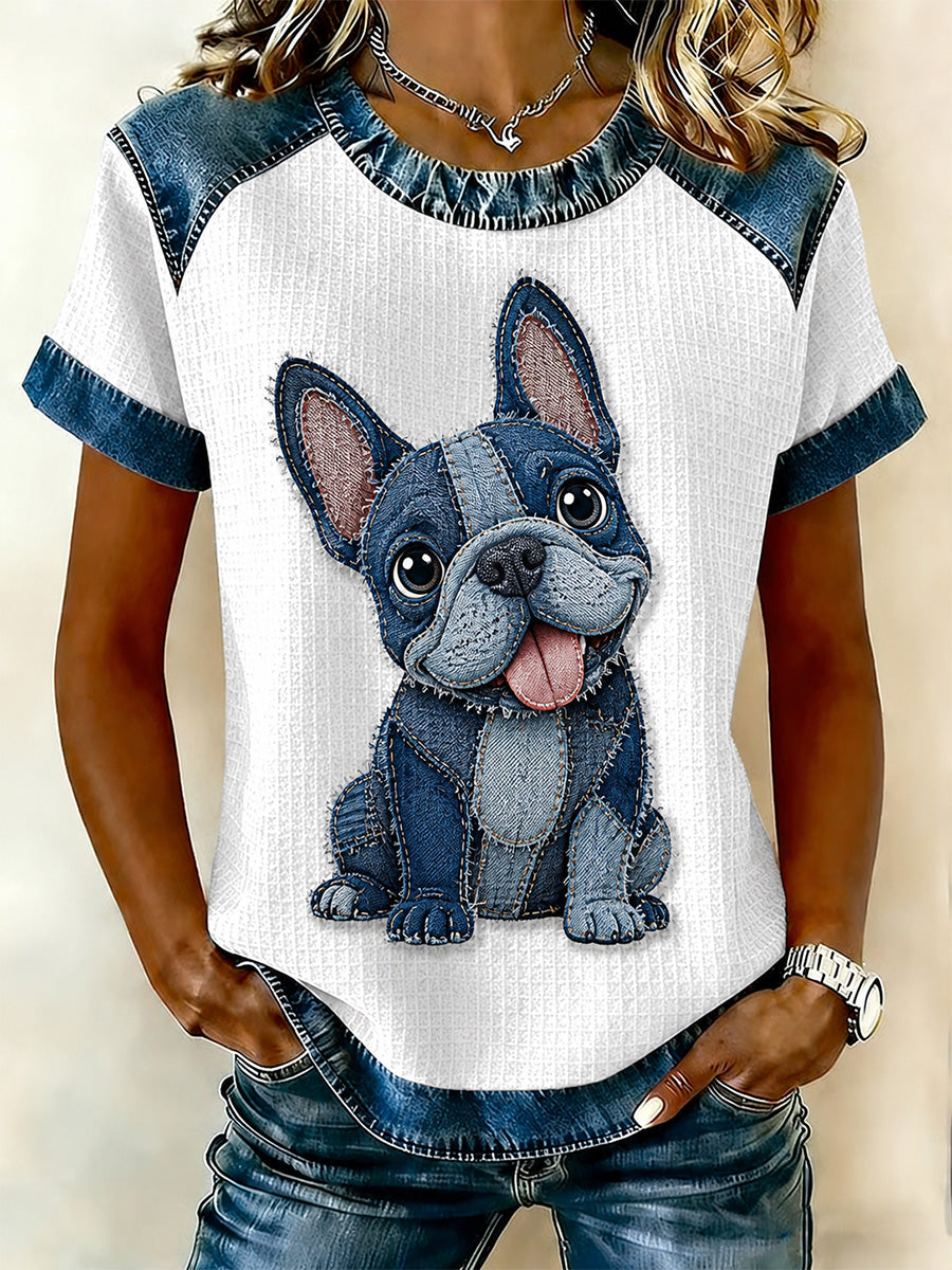 Women's Denim Patchwork Dog Print Waffle Casual Tee
